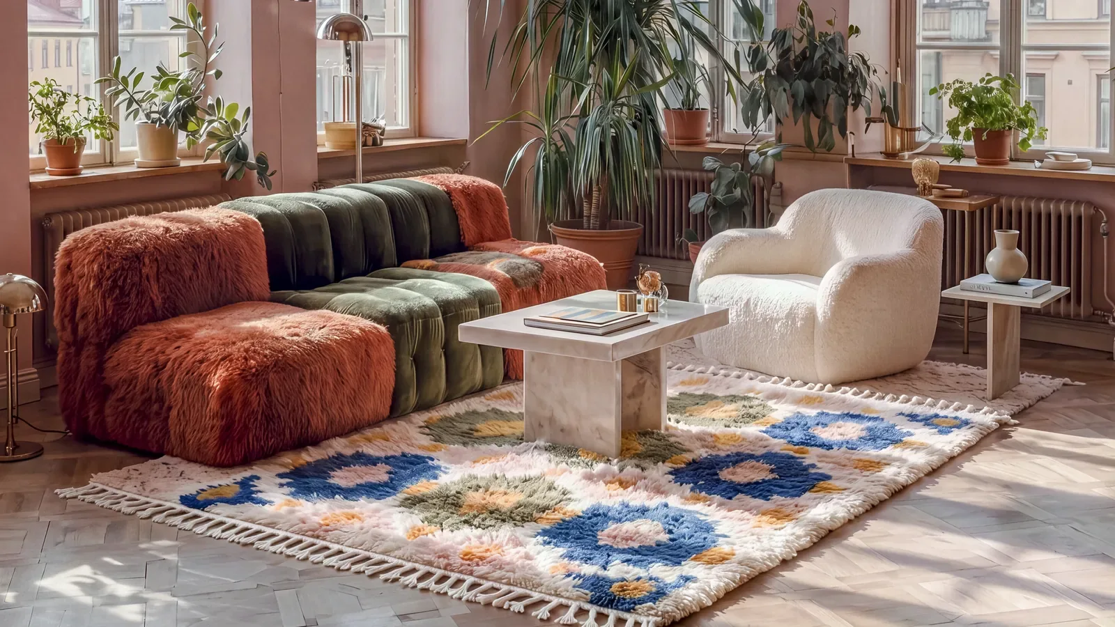 Shamsa Navy & Dusty Rose hand-knotted Moroccan rug in a living room with a patchwork velvet sofa
