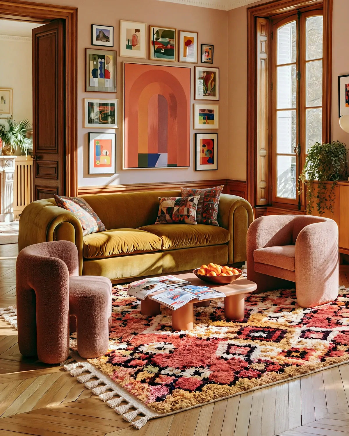 Tazerzit Coral & Mustard handcrafted Boujaad rug with a mustard velvet sofa and two dusty-rose tub chairs under a gallery wall
