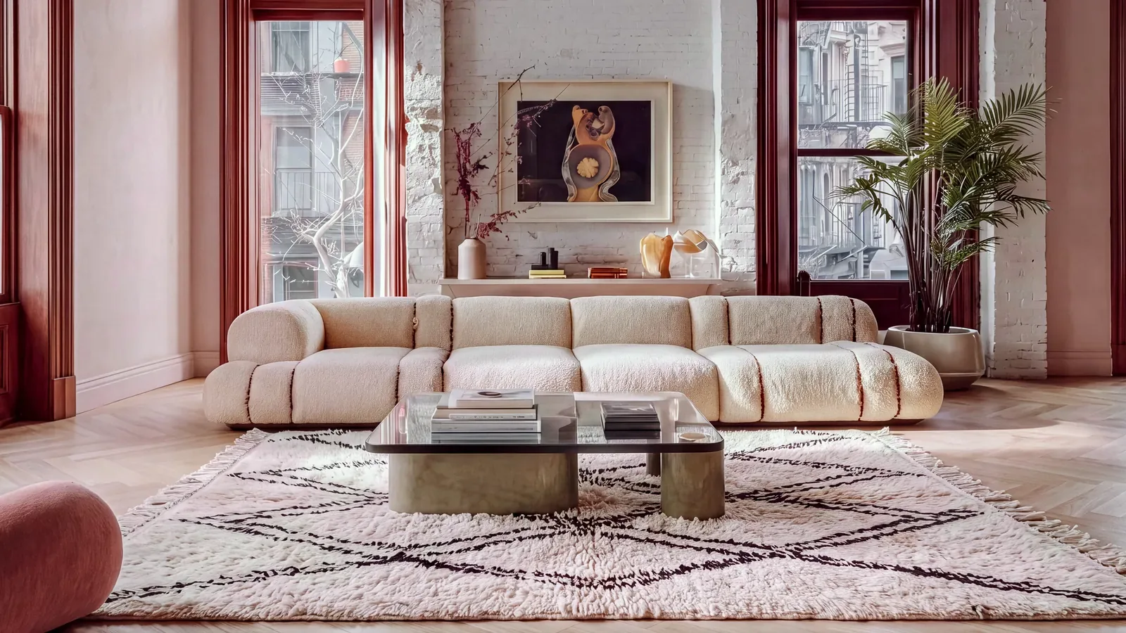 Tizi Ivory & Black hand-knotted Beni Ourain rug under a glass coffee table in a white brick loft living room