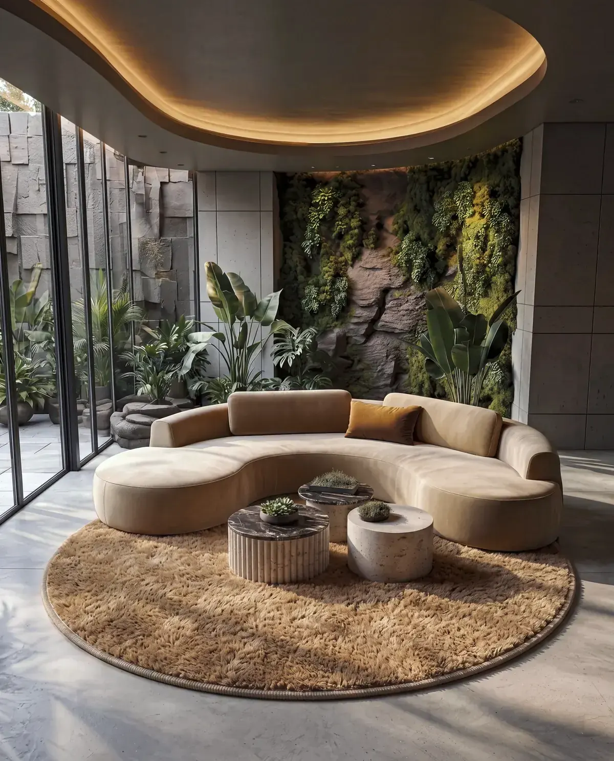 Argan Brown round hand-knotted Beni Ourain rug under a curved beige sofa in a minimalist living room with a planted wall