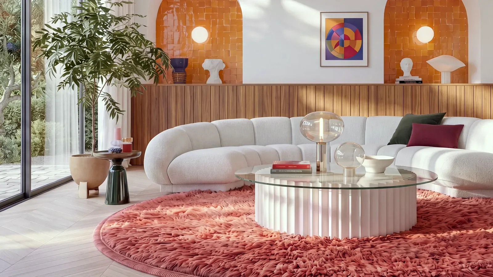 Tabia Terracotta round hand-knotted Beni Ourain rug under a glass table beside a white curved sofa and orange tiled niches