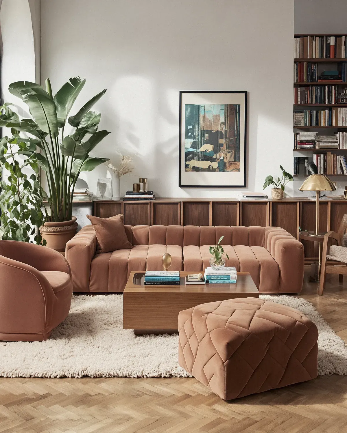 Tadelakt Ivory handmade Beni Ourain rug, solid shag under a caramel velvet sofa and walnut table on herringbone oak