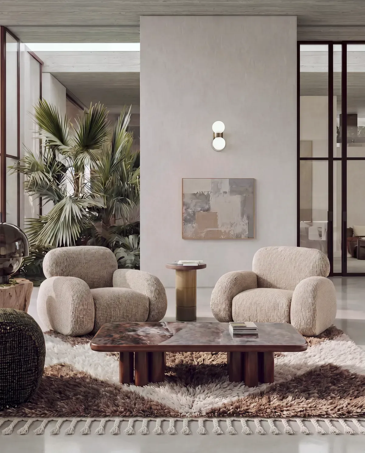 Tamda Camel & Ivory handmade Beni Ourain rug, large diamond under a lacquered table between oatmeal armchairs