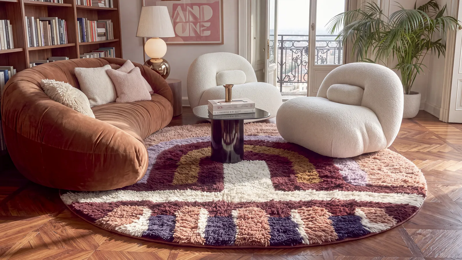 Legzira Coral & Burgundy round hand-knotted Berber rug in a living room