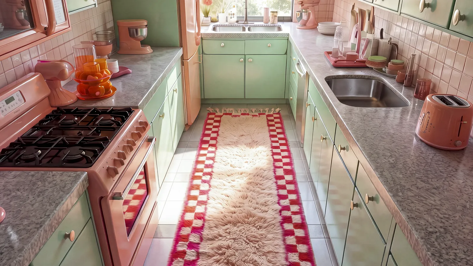 Kermez Red & Peach hand-knotted Berber runner along a galley kitchen, both long edges in view