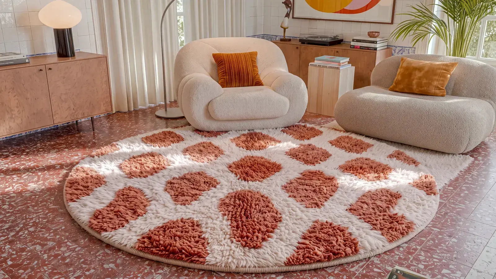 Ouzoud Terracotta hand-knotted Beni Ourain rug, round, terracotta pebbles between ivory boucle lounge chairs
