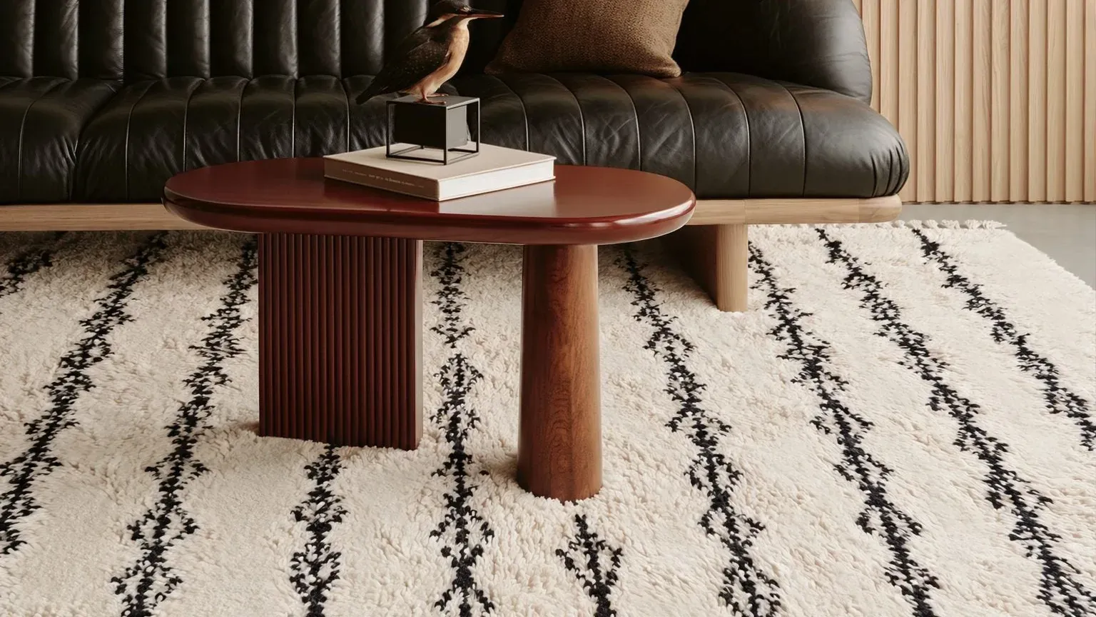 Abrid Ivory & Black hand-knotted Beni Ourain rug, thin black lines on ivory wool before a black leather sofa