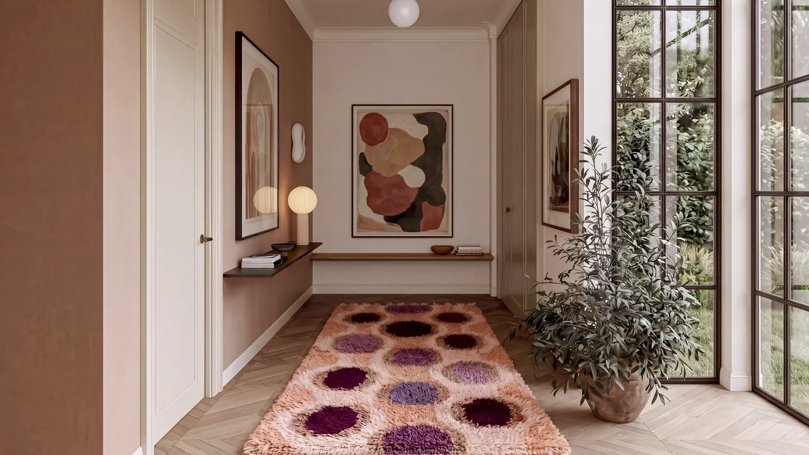Karmous Peach & Plum hand-knotted Berber runner in an entryway, the room that takes the most traffic