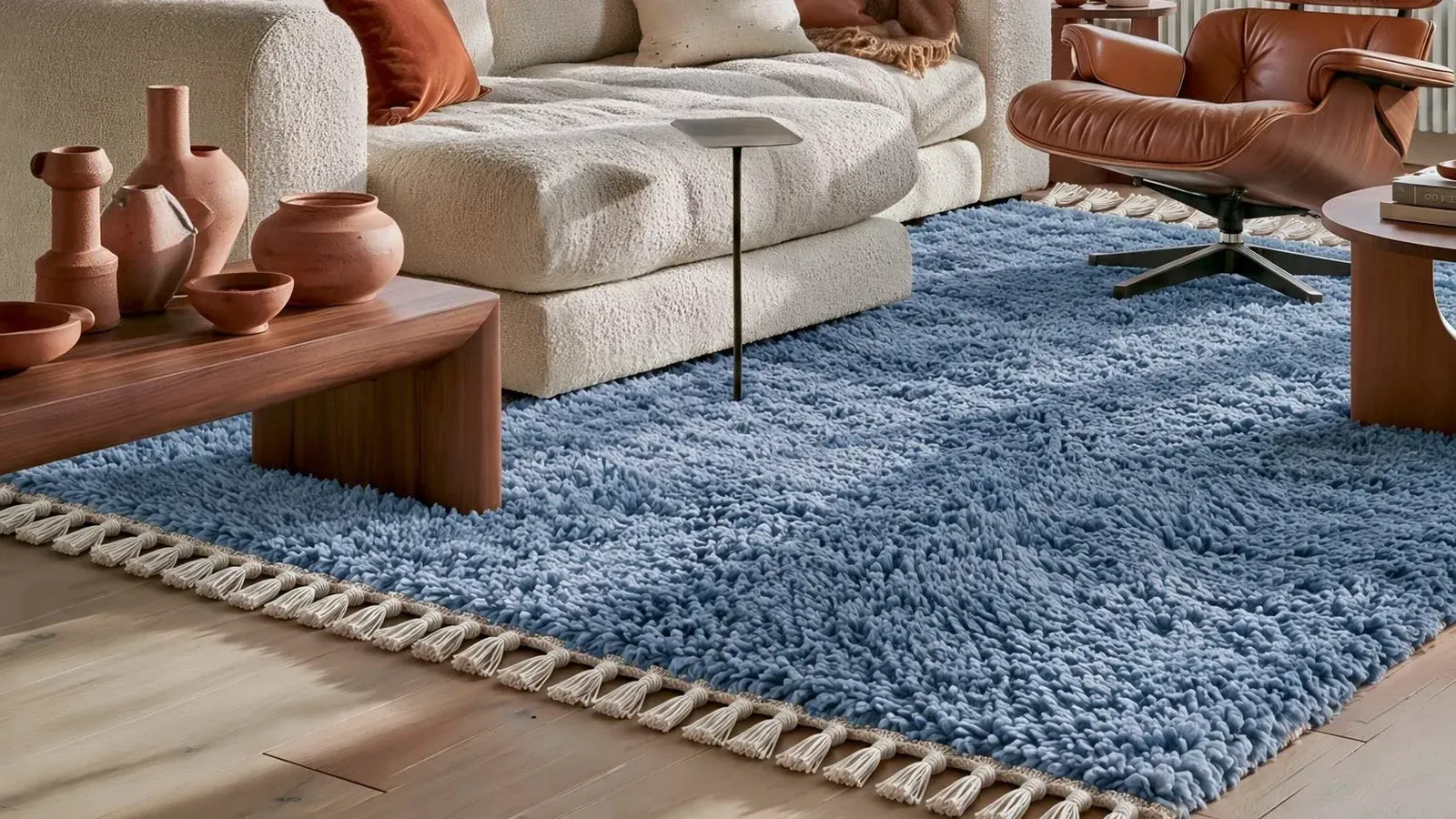 Sahab Dusty Blue hand-knotted Beni Ourain rug, a deep blue wool shag under a cream sofa and a cognac lounge chair