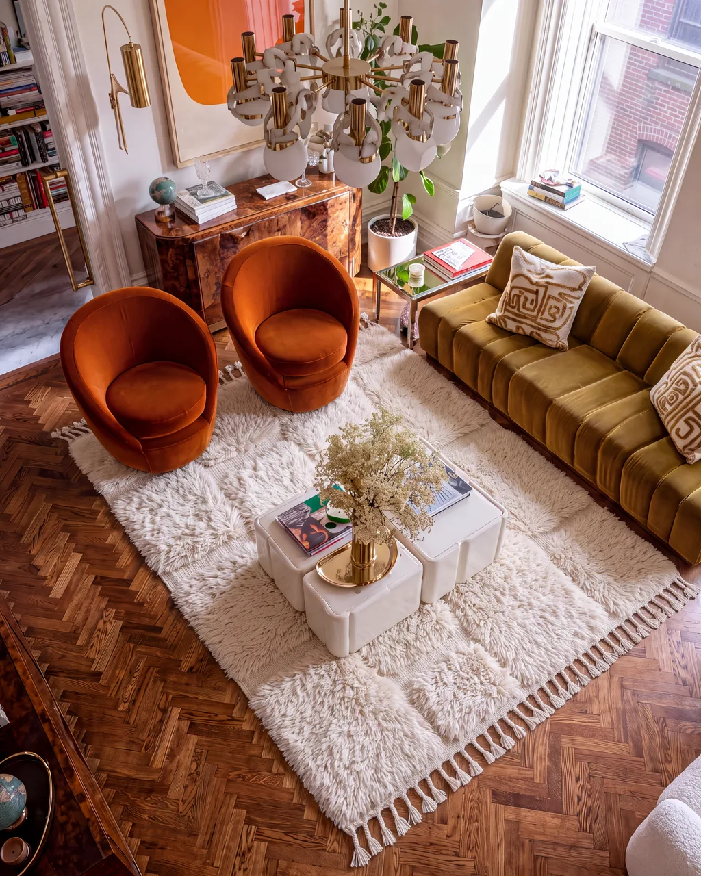 Hamada ivory sculpted hand-knotted Beni Mrirt rug in a living room