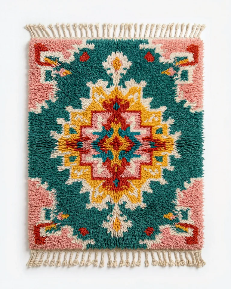 Pink and green medallion hand-knotted wool rug photographed from overhead