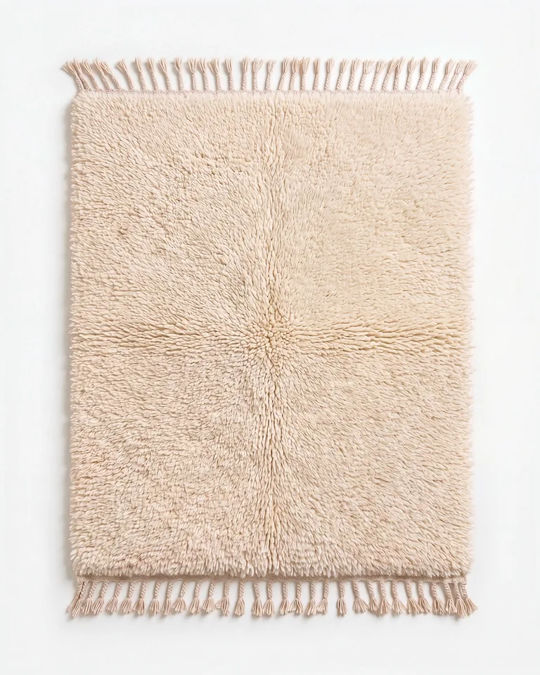 Solid ivory hand-knotted wool rug photographed from overhead