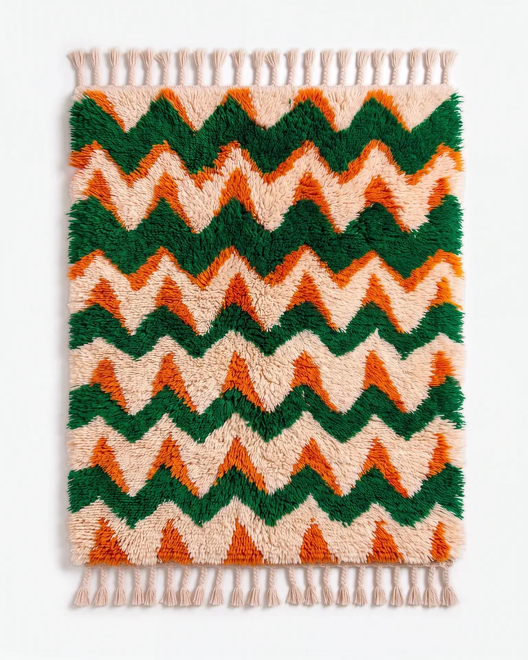 Forest green and orange zigzag hand-knotted wool rug photographed from overhead
