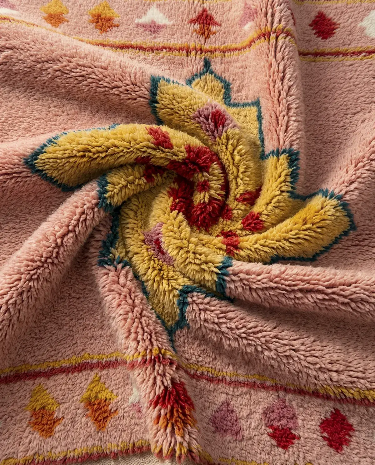 Warda, a handmade pink Moroccan rug folded to show its dense wool pile
