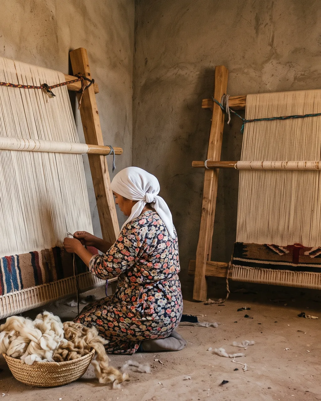 Artisans hand-knotting made-to-order rugs on wooden looms in the Zarbish workshop