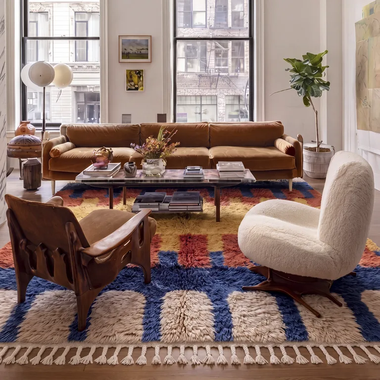 Ahidous hand-knotted Moroccan rug in a living room