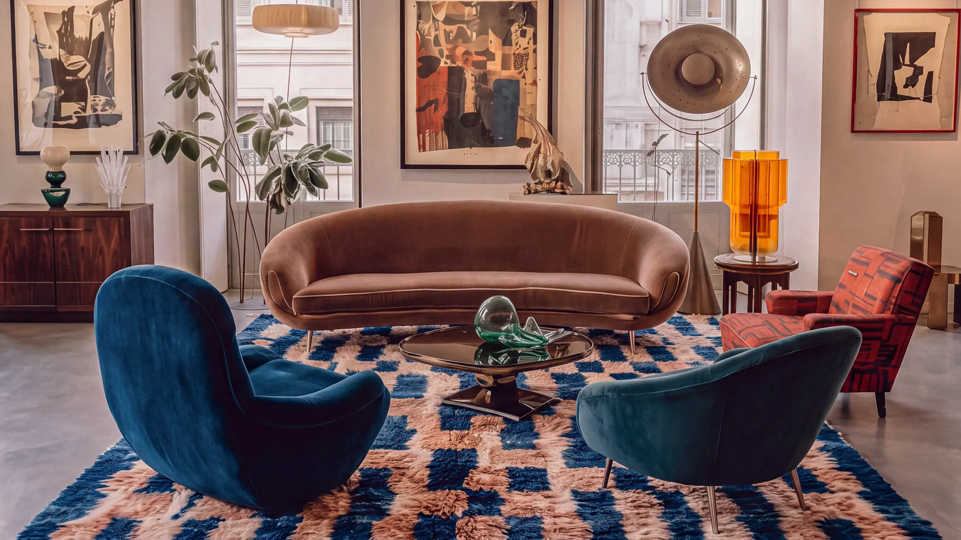 Blue and peach checkered hand-knotted rug in a living room