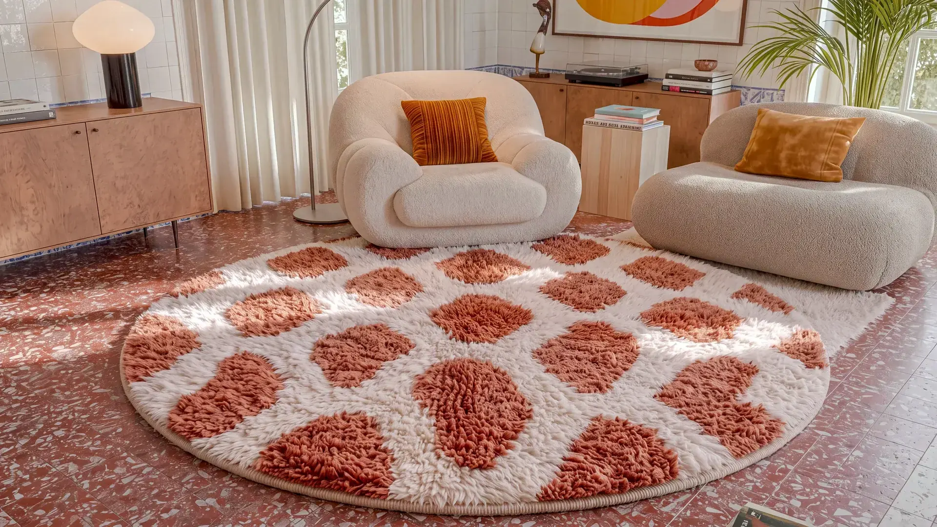 Ouzoud terracotta lozenge handmade Beni Ourain round rug in a living room