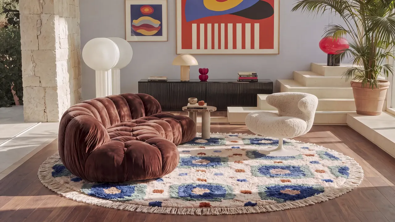A handmade Berber round rug under a curved sofa