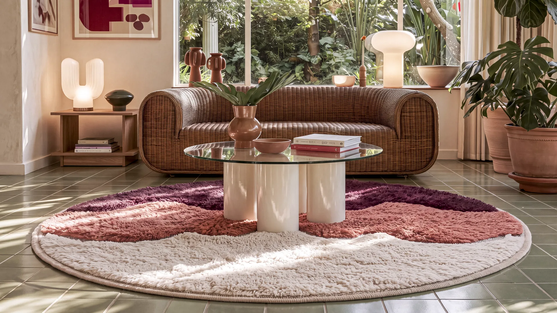 Dades hand-knotted Beni Mrirt round rug in a living room
