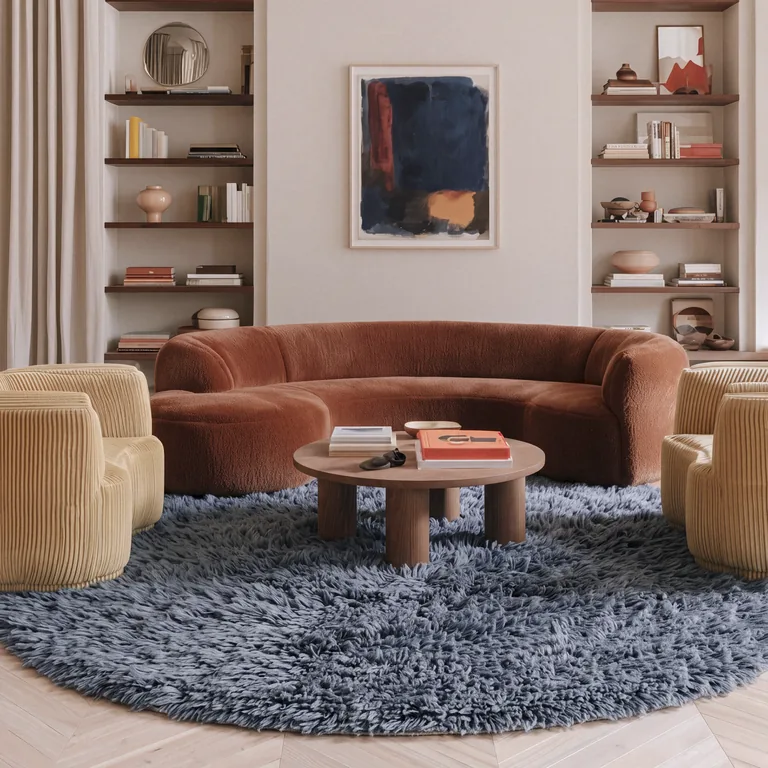 Sahab hand-knotted Beni Ourain round rug in a living room