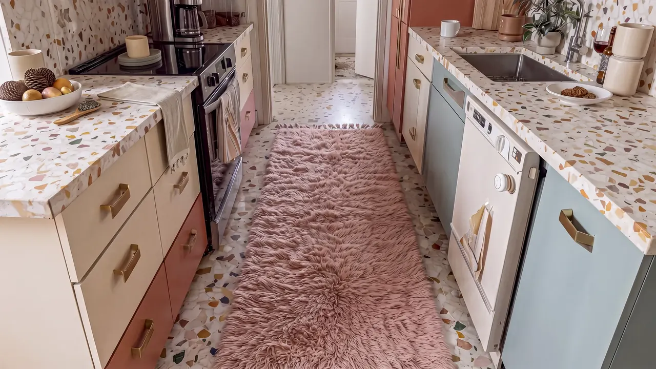 A hand-knotted Beni Ourain runner in a galley kitchen