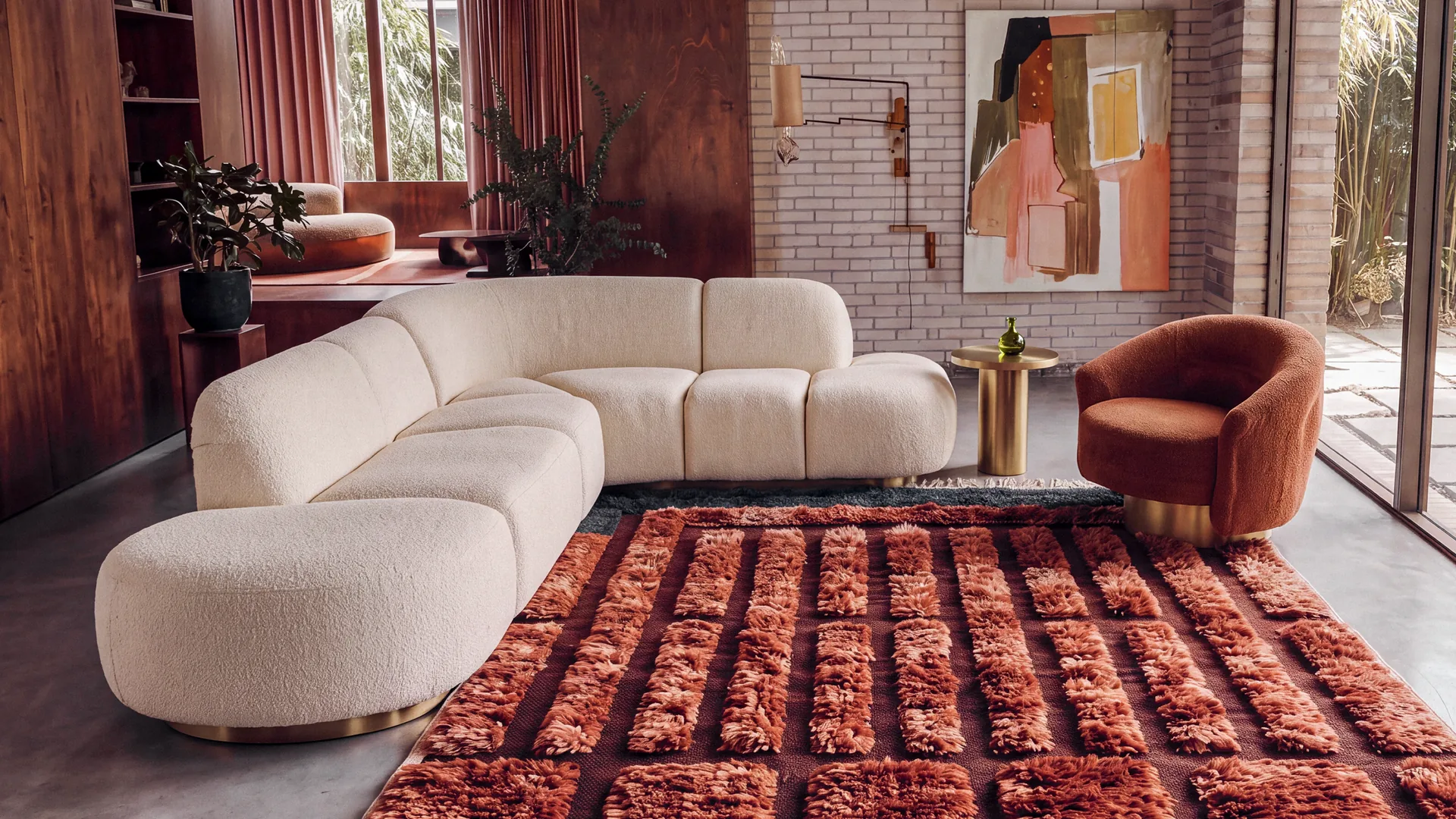 Terracotta raised-line hand-knotted rug in a living room
