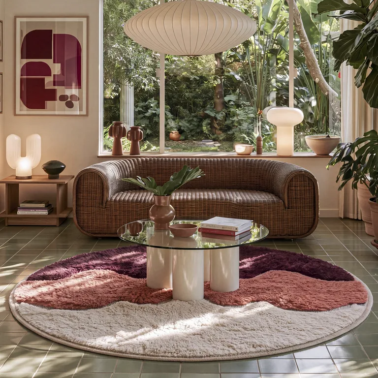 Dades burgundy and coral hand-knotted Beni Mrirt round rug in a living room