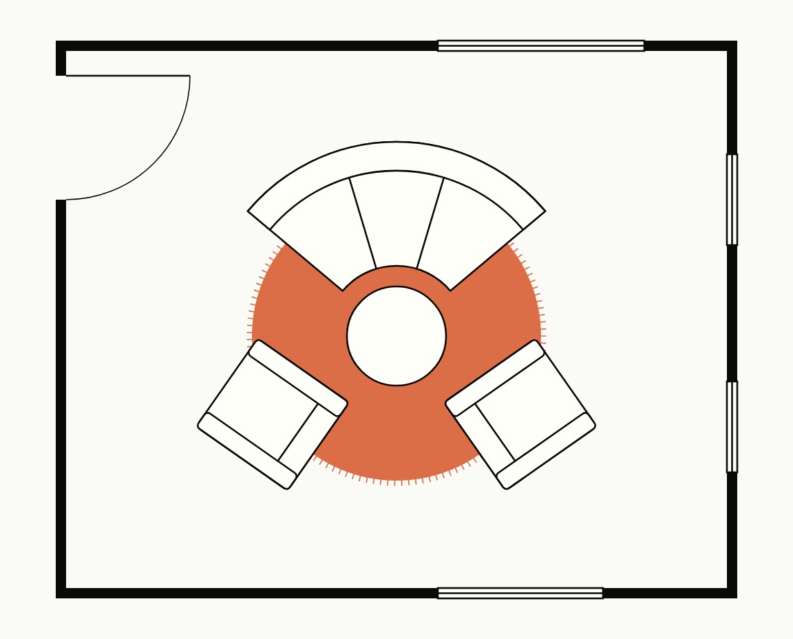 Living room floor plan, top down, with a 72 inch curved sofa and two armchairs, front legs on a 7 ft round rug around a round coffee table