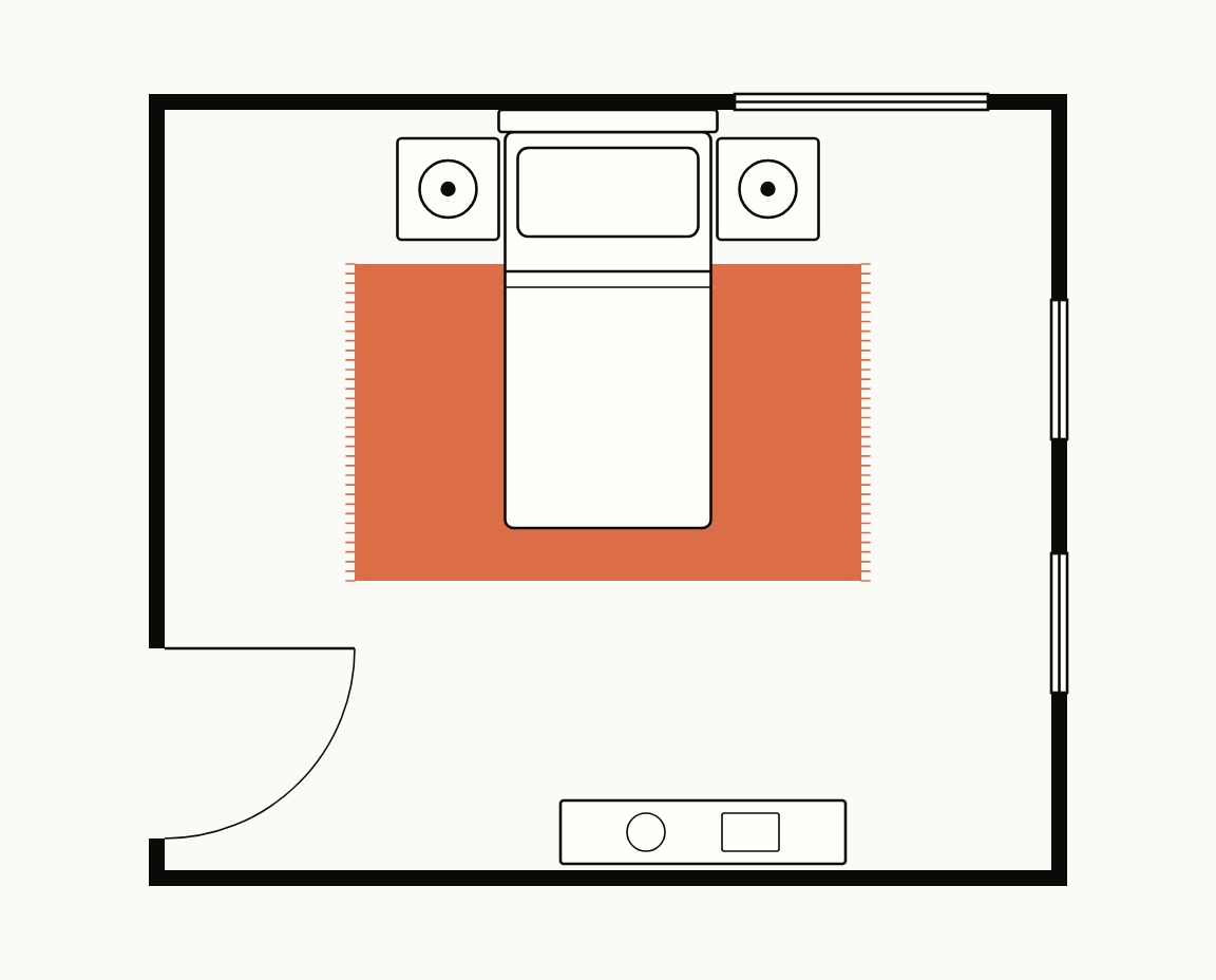 Bedroom floor plan, top down, with a 5x8 rug laid crosswise under the lower part of a twin bed, rug showing on each side