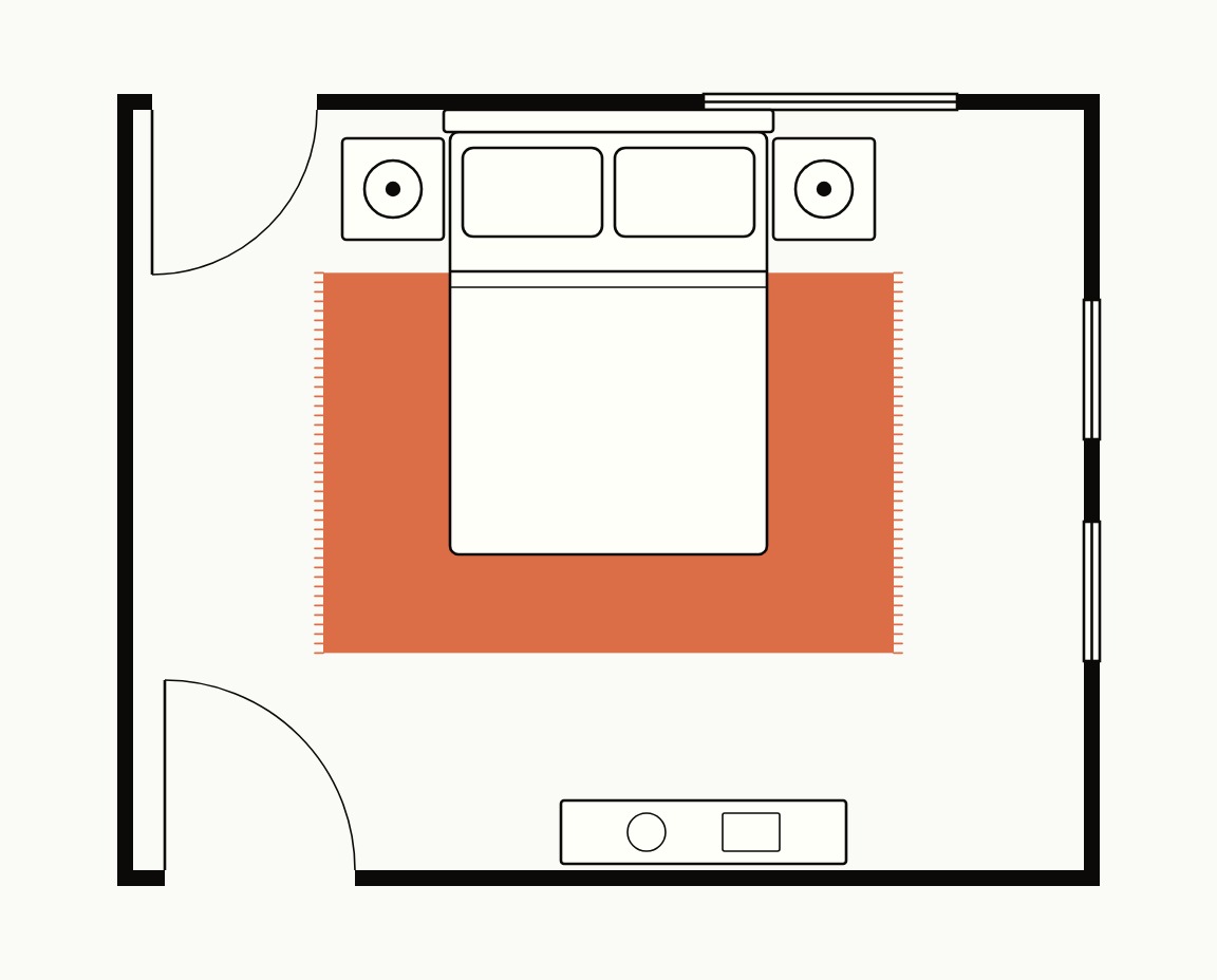 Bedroom floor plan, top down, with a 6x9 rug laid crosswise under the lower two-thirds of a queen bed, the nightstands clear
