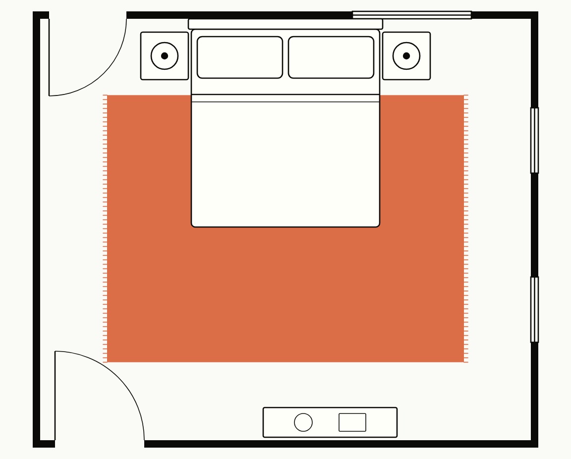 Bedroom floor plan, top down, with a 9x12 rug laid crosswise under the lower two-thirds of a king bed, the nightstands clear