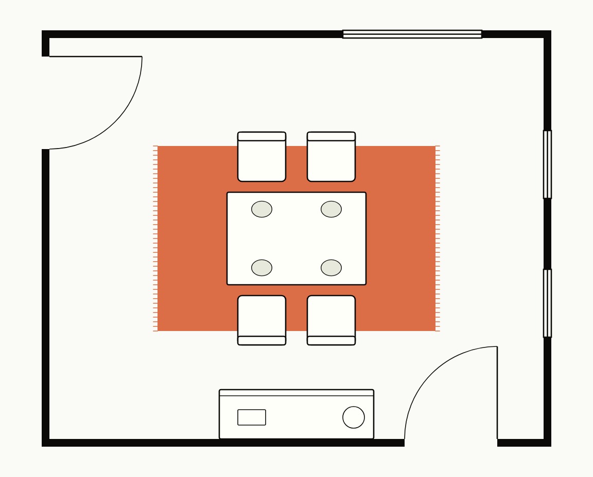 Dining room floor plan, top down, with a 6x9 rug under a small table
