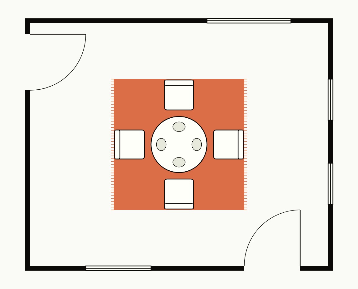 Dining room floor plan, top down, with a 36 inch round table and four chairs on a 7x7 rug