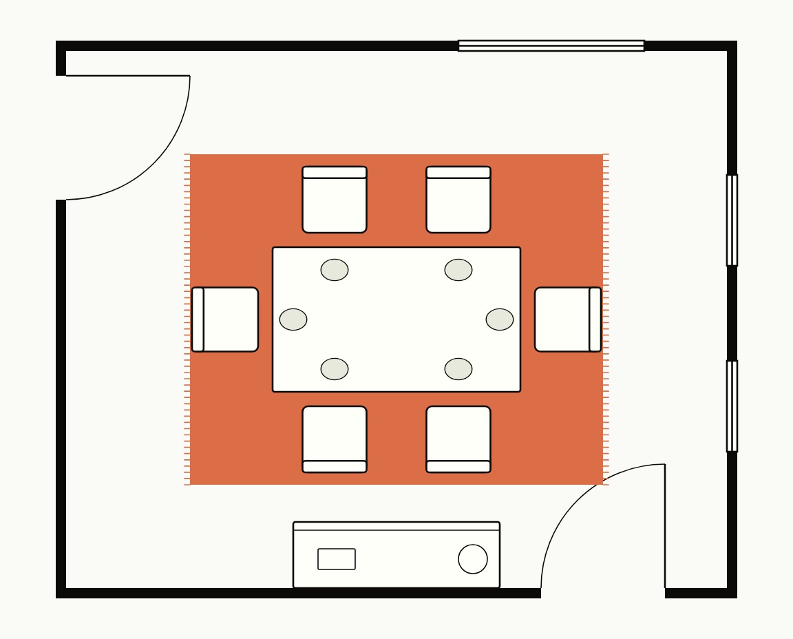 Dining room floor plan, top down, with an 8x10 rug under the table and chairs