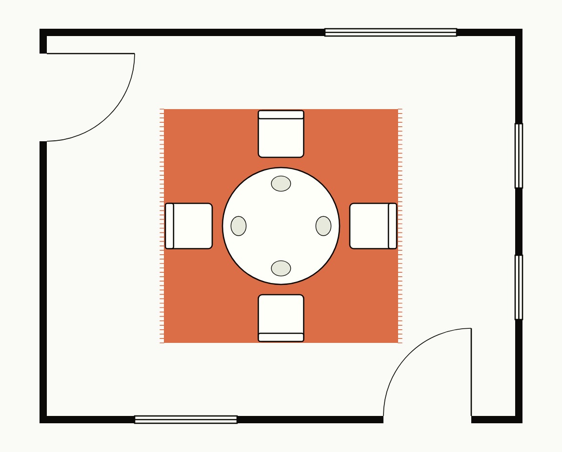 Dining room floor plan, top down, with a 48 inch round table and four chairs on an 8x8 rug