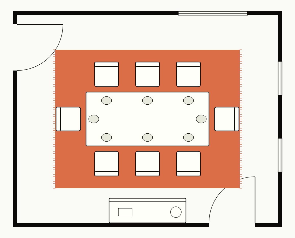 Dining room floor plan, top down, with a 9x12 rug under the table and chairs