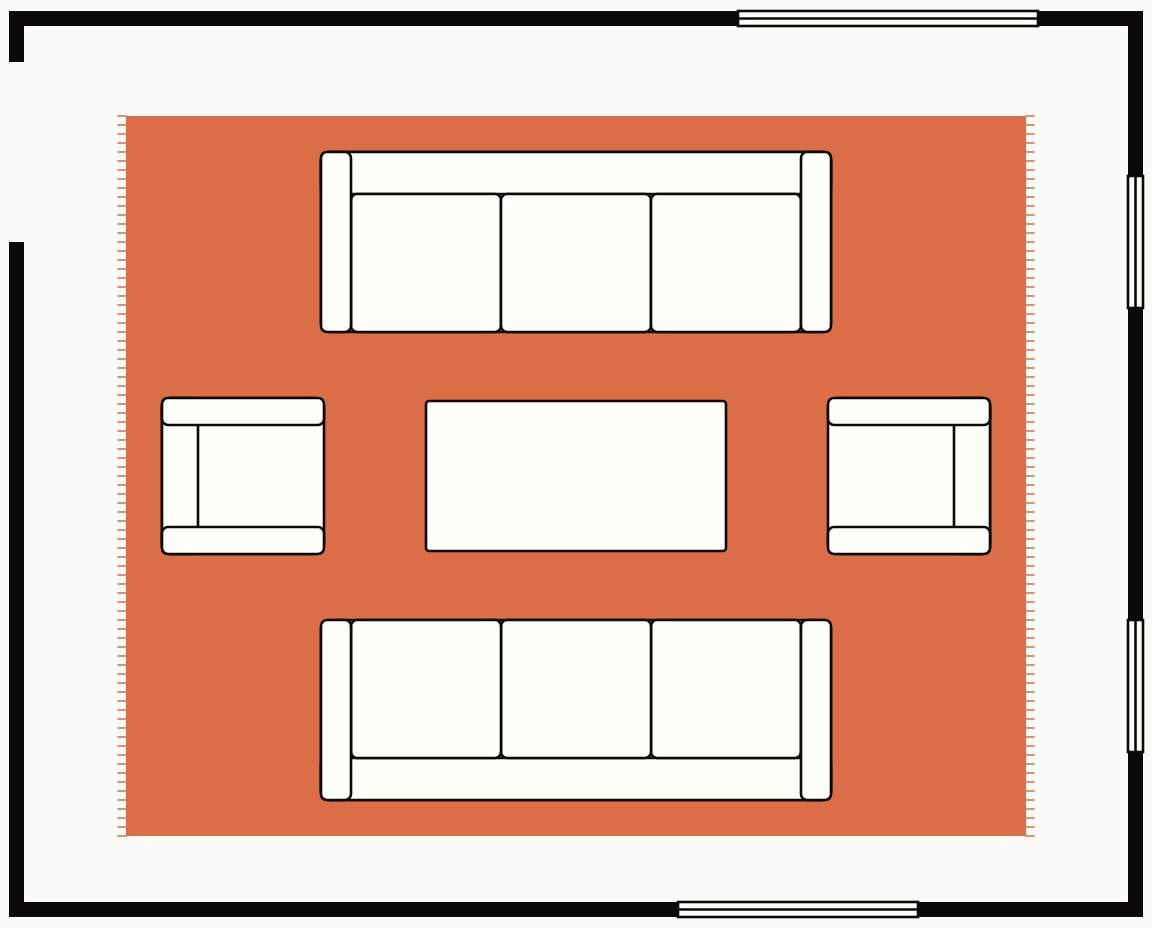 Living room floor plan, top down, with a 12x15 rug in an open plan room