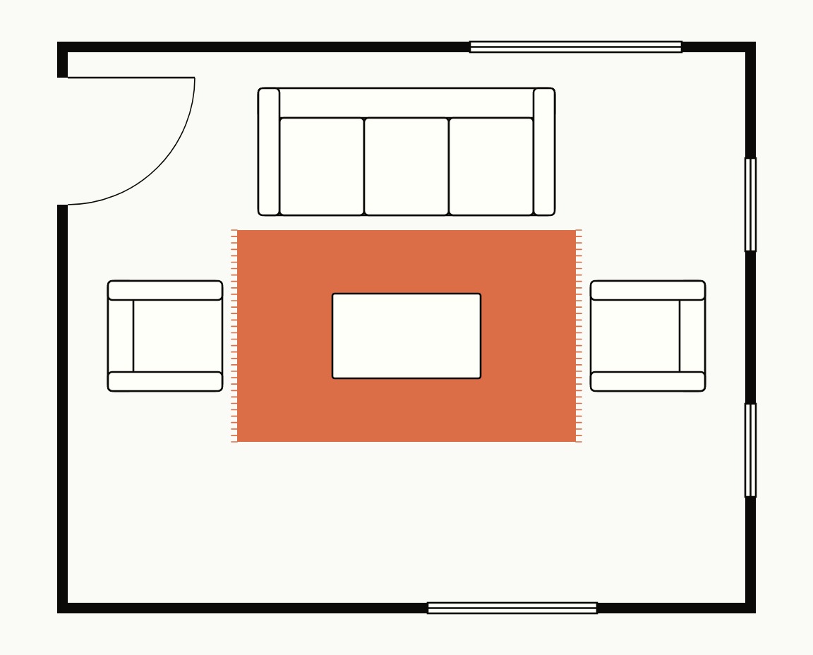 Living room floor plan, top down, with a 5x8 rug under the coffee table zone