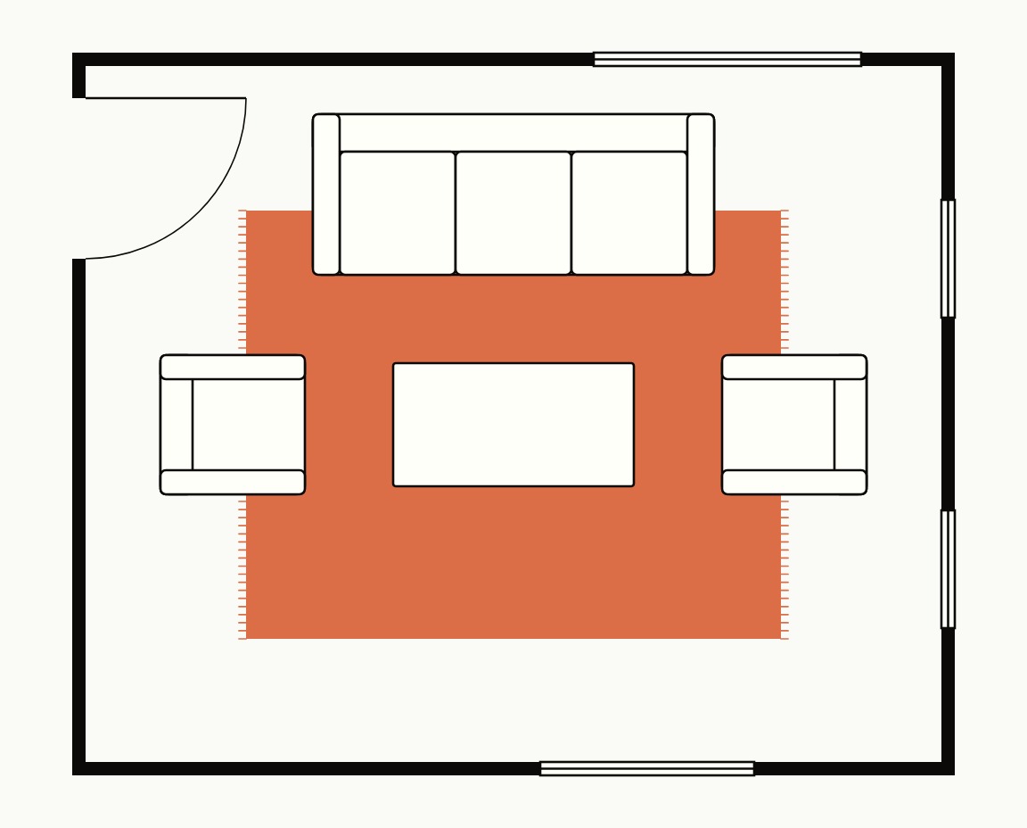 Living room floor plan, top down, with an 8x10 rug and the sofa front legs on