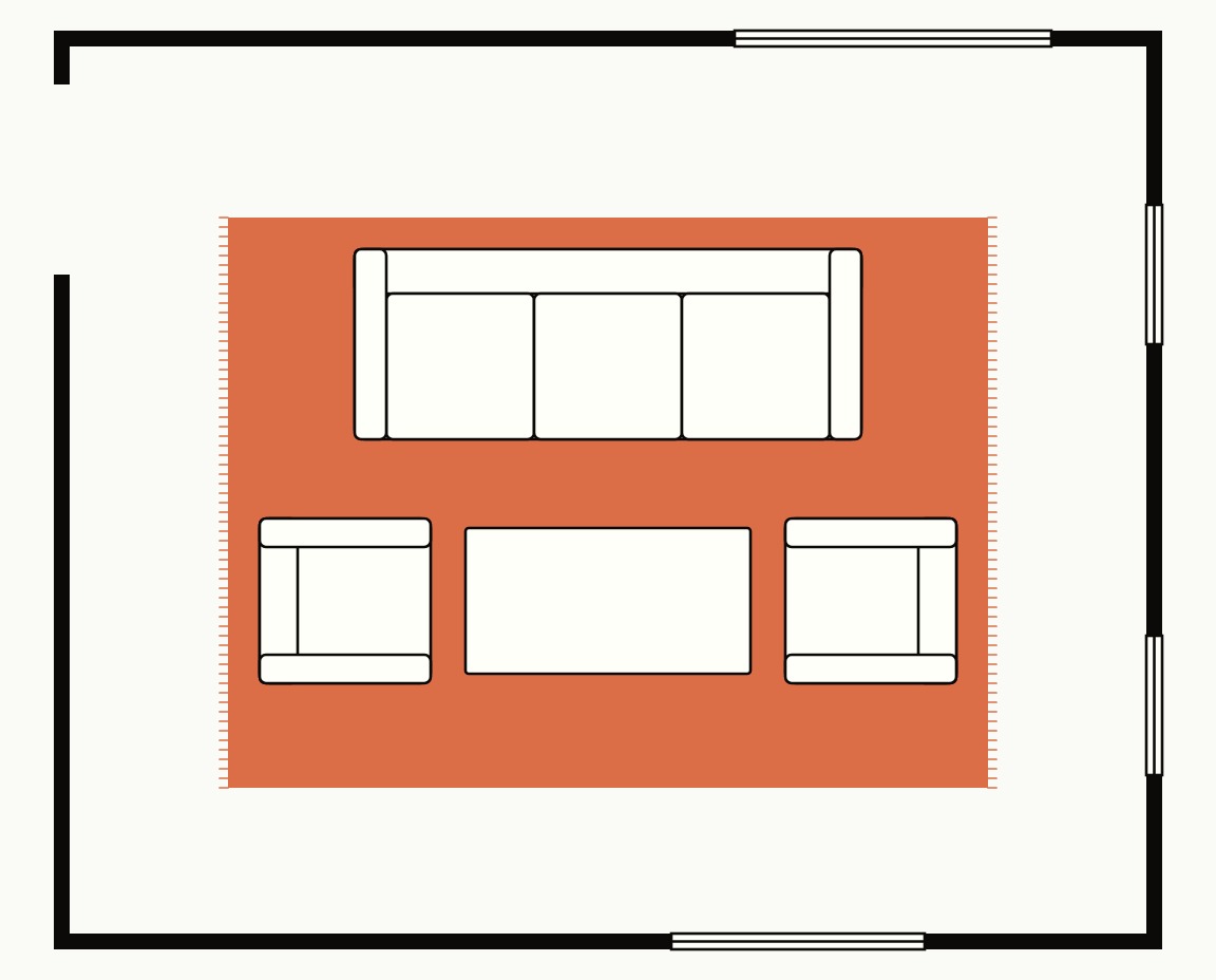 Living room floor plan, top down, with a 9x12 rug and all seating legs on